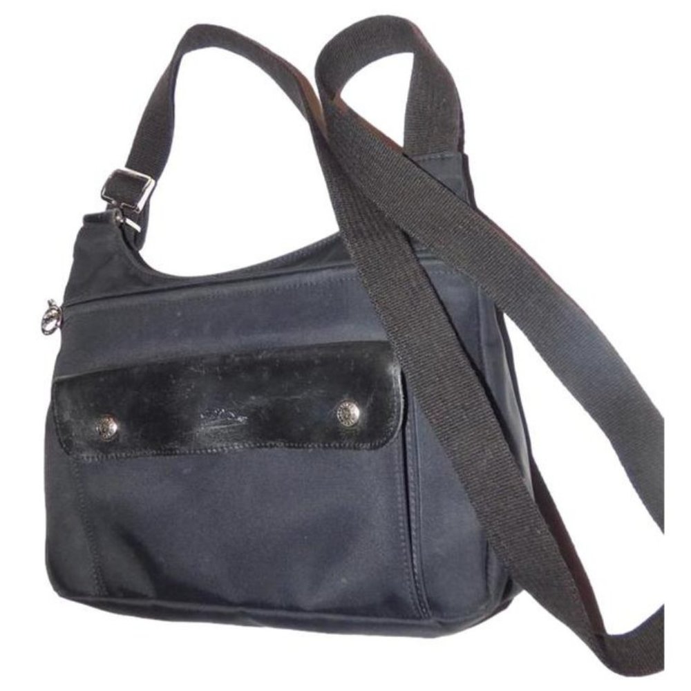 Longchamp Vintage Black Leather And Canvas Nylon Messenger Bag